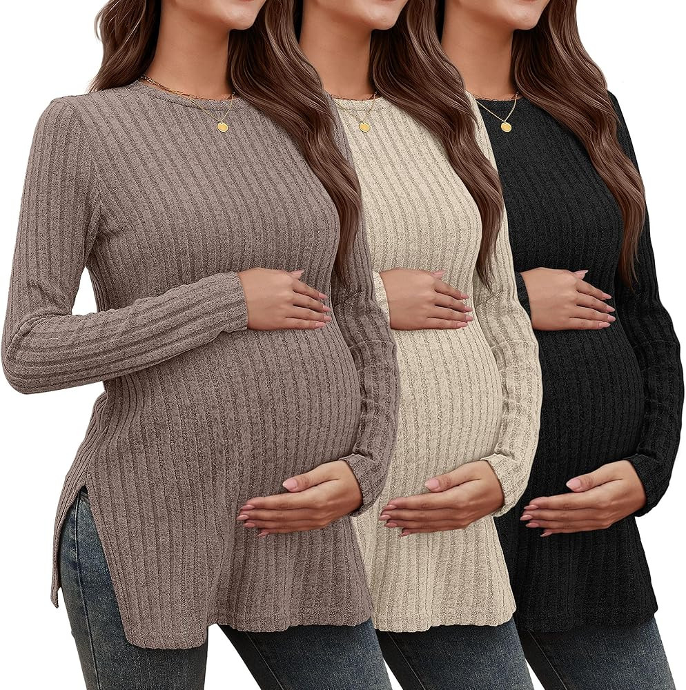 3 Pack Women's Maternity Shirts, Ribbed Long Sleeve Pregnancy Sweaters Knit Split Side Crew Neck ... | Amazon (US)
