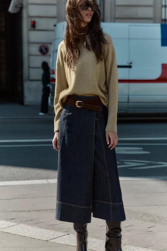 Z1975 BELTED DENIM MIDI WRAP SKIRT | Zara US