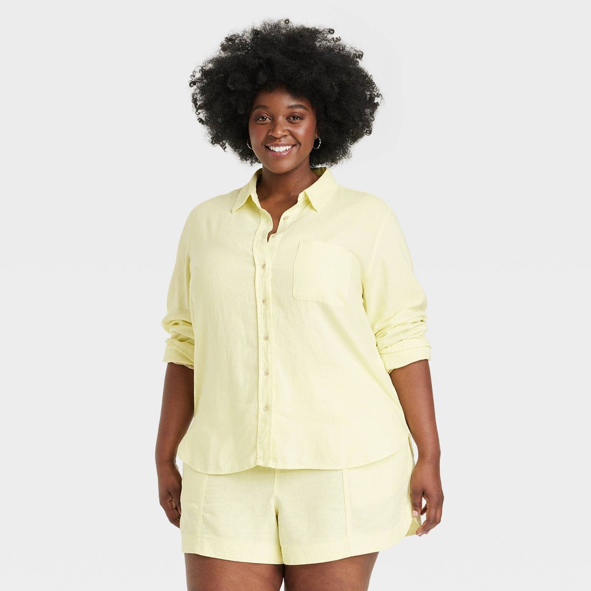 Women's Linen Long Sleeve Collared Button-Down Shirt - Universal Thread™ Yellow XXL | Target