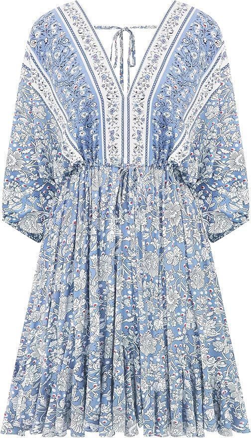 R.Vivimos Womens Summer Floral Dress 3/4 Sleeve Deep V Neck Boho Drawstring Backless Swing Mini D... | Amazon (US)