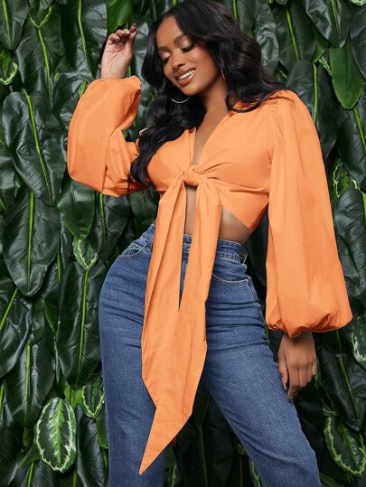 SHEIN SXY Solid Tie Front Bishop Sleeve Top | SHEIN