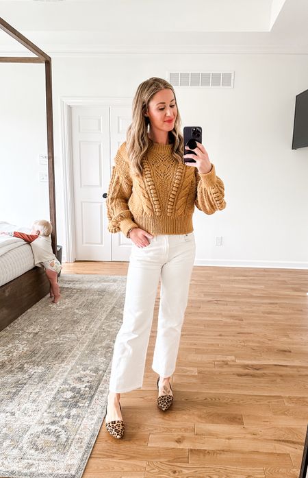 Church OOTD //sweater weather!! 😍 paired these white jeans with fall neutrals to bring it into the season and I’m a fan! Denim is on sale in a few sizes and you need to scoop these up!! Linked similar sweaters  

#LTKSeasonal #LTKfindsunder100 #LTKfindsunder50
