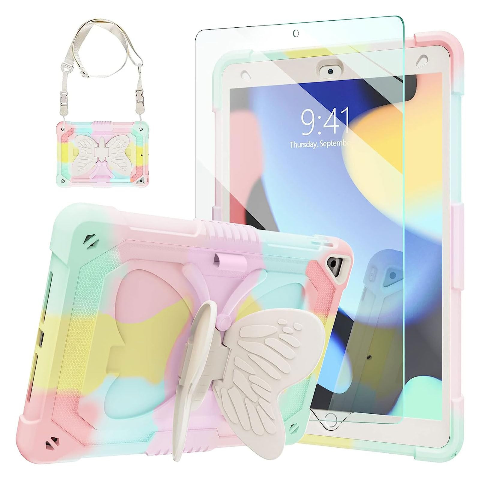 Ambison Case for iPad 9th/8th/7th Generation 10.2 inch with Glass Screen Protector,Rugged Shockproof Protective Cover for Kids Girls Butterfly Stand,Shoulder Strap for iPad 2021/2020/2019-Multicolor | Amazon (US)