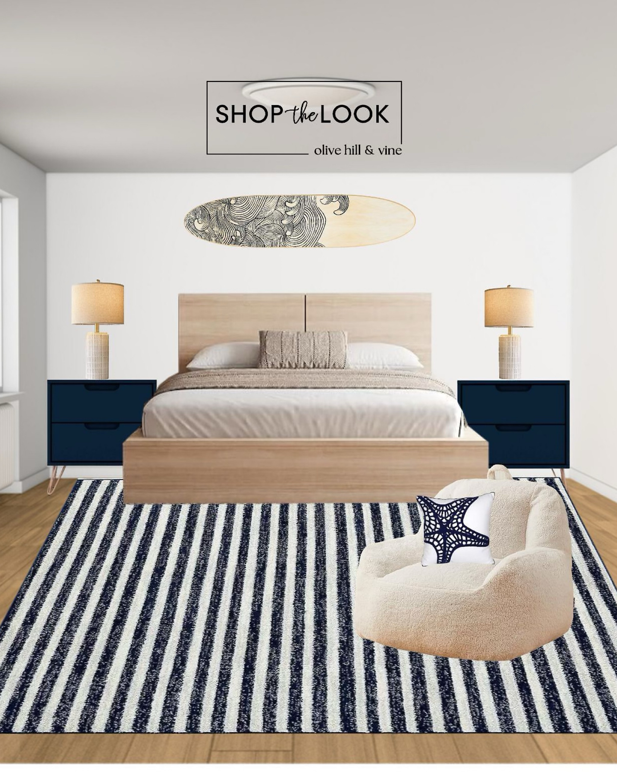 Dive into coastal chic with our curated teen bedroom! Start with a bean bag chair and a nautical throw pillow, a blue and white striped rug under a platform bed, and mid-century nightstands with gold hairpin legs. Complete the look with sculpted table lamps and surfboard wall decor. Perfect for catching waves and Zs! 

#LTKKids #LTKFamily #LTKHome