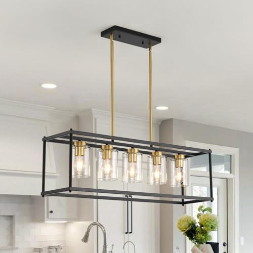 Sicddde 5-Light Dining Room Light Fixture, Farmhouse Kitchen Island Lighting, Modern Black and Gold Rectangle Chandedlier Over Table with Clear Glass Shade, L35.4 Inch | Amazon (US)