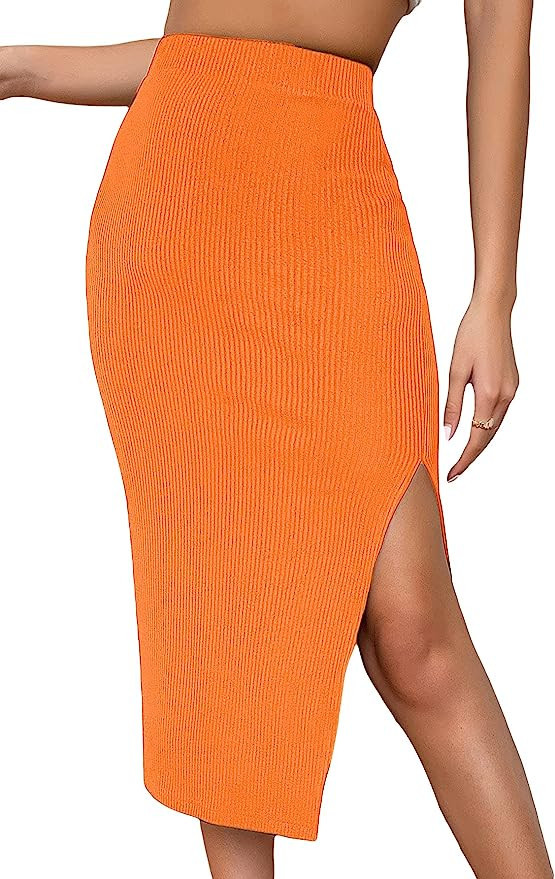 Verdusa Women's High Waist Slit Hem Rib Knit Midi Bodycon Skirt | Amazon (US)