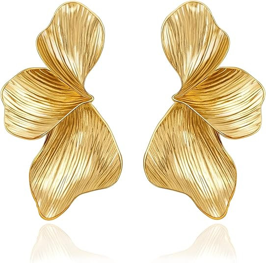 OGD Chunky Gold Statement Earrings For Women Trendy Gold Plated Sectored Flower Leaf Angel Wing E... | Amazon (US)