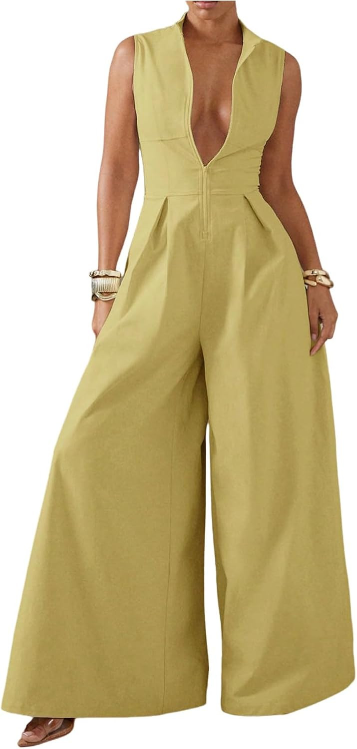 SOLY HUX Women's Summer Zipper Front Mock Neck Wide Leg Elegant Jumpsuit | Amazon (US)