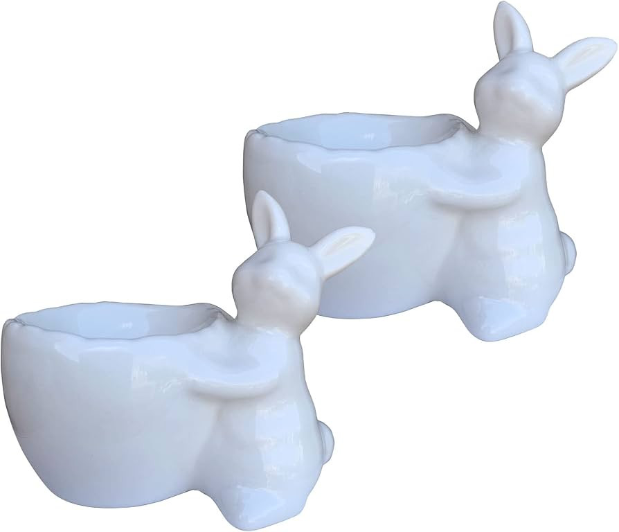 KiaoTime Bunny Porcelain Egg Cup, Set of 2 White Rabbit Egg Holders, Easter Decorations, Spring H... | Amazon (US)