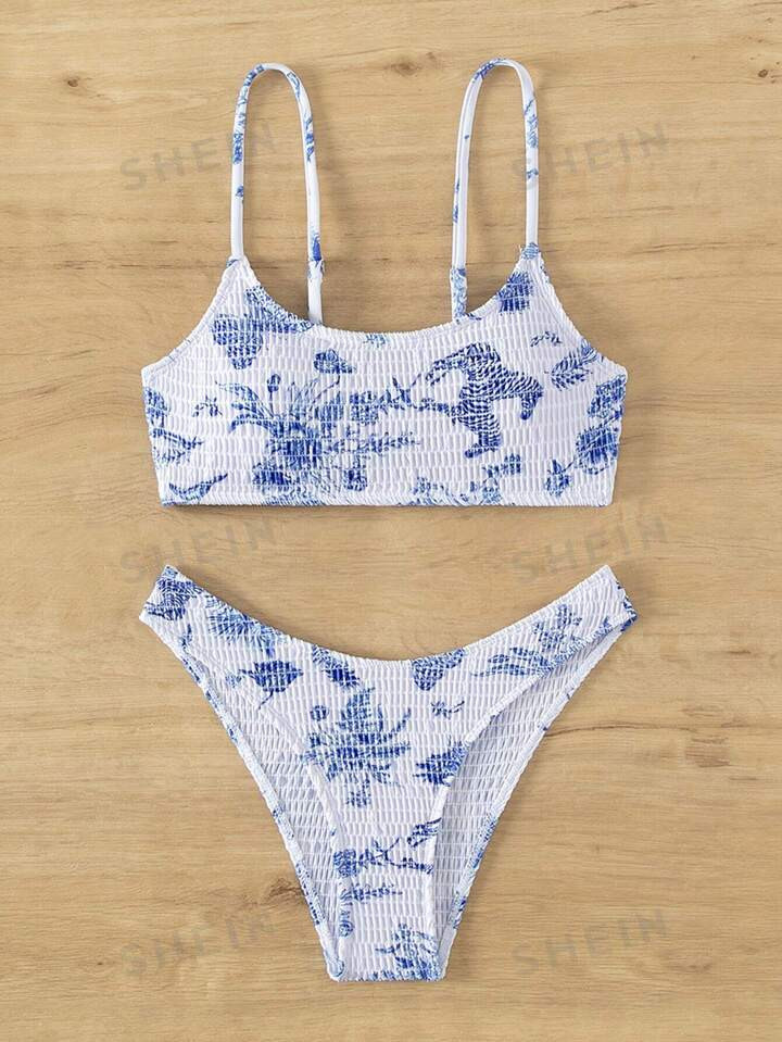 SHEIN Swim Summer Beach Animal And Floral Print Shirred Bikini Set | SHEIN USA | SHEIN