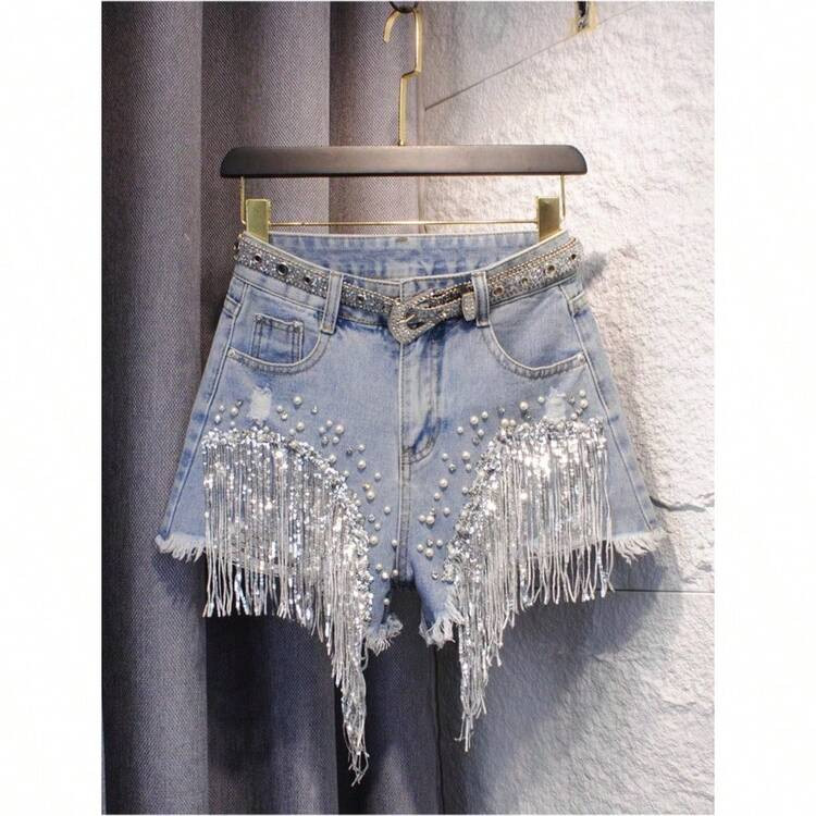 Local Delivery-Summer High Waist Distressed Denim Shorts, Women's Shiny Sequin Fringe Pearl Decor... | SHEIN