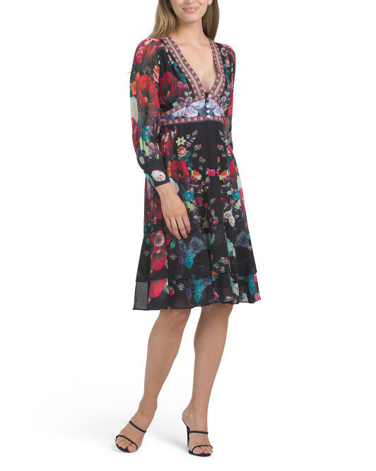 Floral Long Sleeve Border Print Mini Dress | TJ Maxx