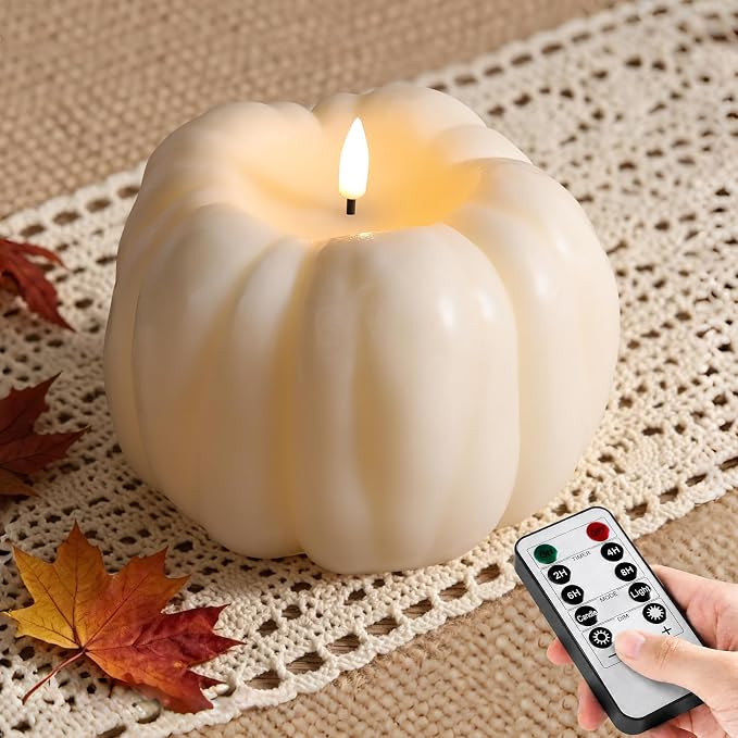 Cream White Pumpkin Flameless Candle with Remote Timer | Fall Halloween LED Candle Decor, 3 AA Ba... | Amazon (US)