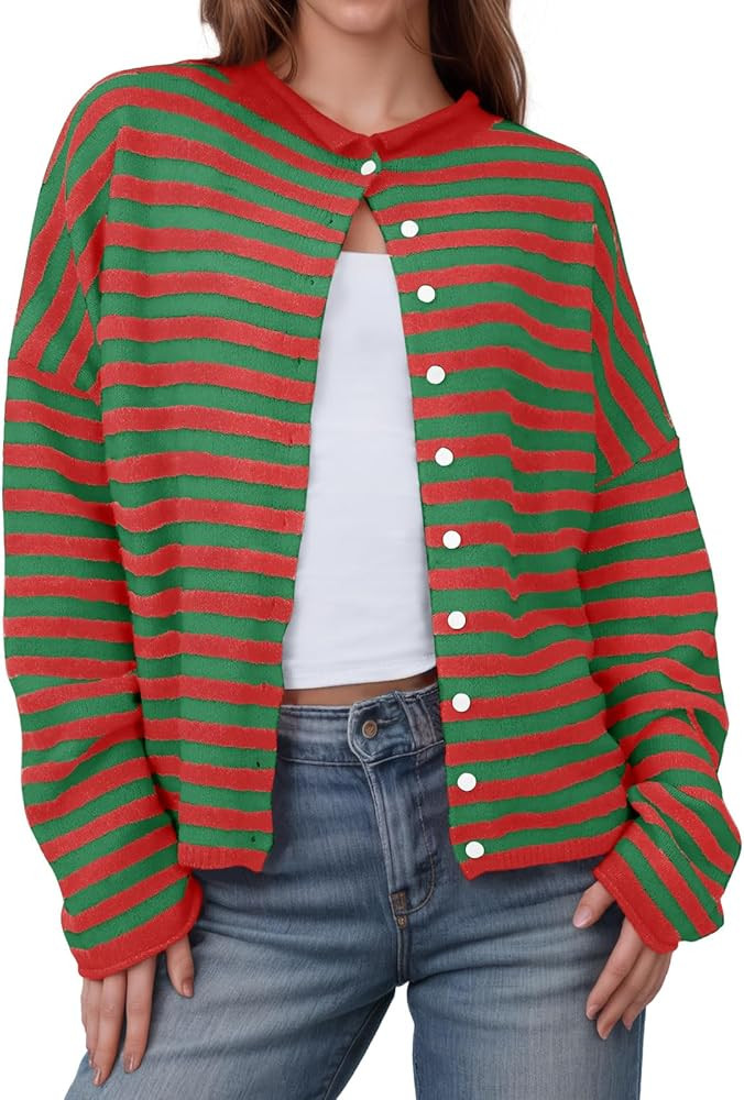 Saodimallsu Womens Striped Cardigan Casual Long Sleeve Open Front Button Down Loose Knit Lightwei... | Amazon (US)