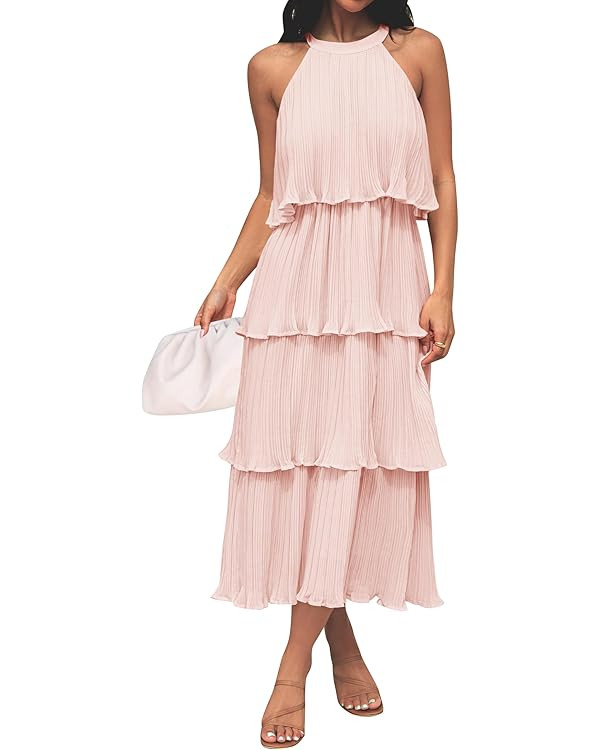 ZESICA Women's 2024 Summer Sleeveless Halter Neck Ruffle Tiered Layered Chiffon Flowy Swing Long ... | Amazon (US)