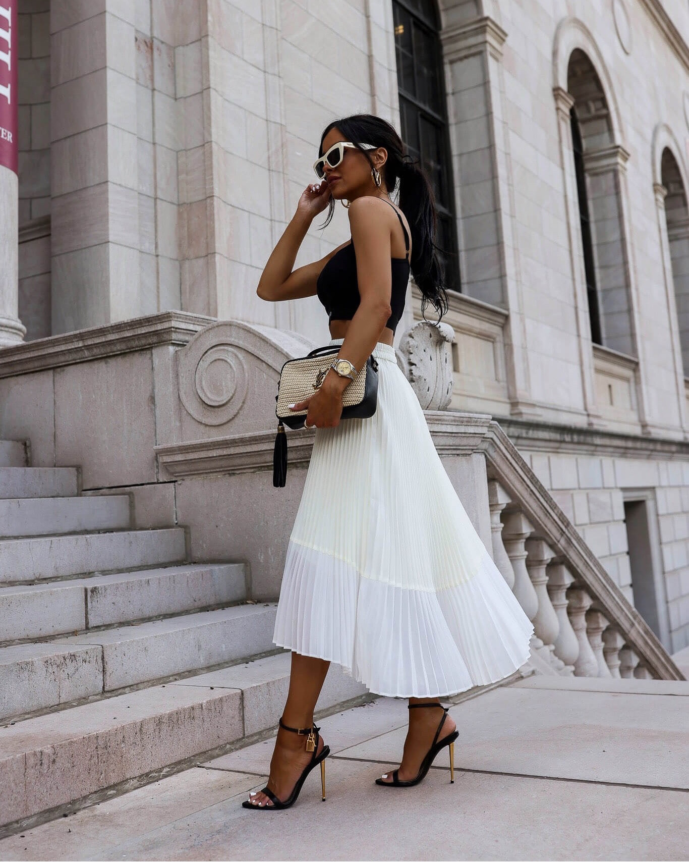 Summer outfit ideas / summer travel outfits 
Tom ford bralette
Club Monaco pleated skirt wearing an xs 
Tom ford padlock heels
Saint Laurent Lou raffia bag
Bottega veneta sunglasses

#LTKunder100 #LTKstyletip #LTKFind