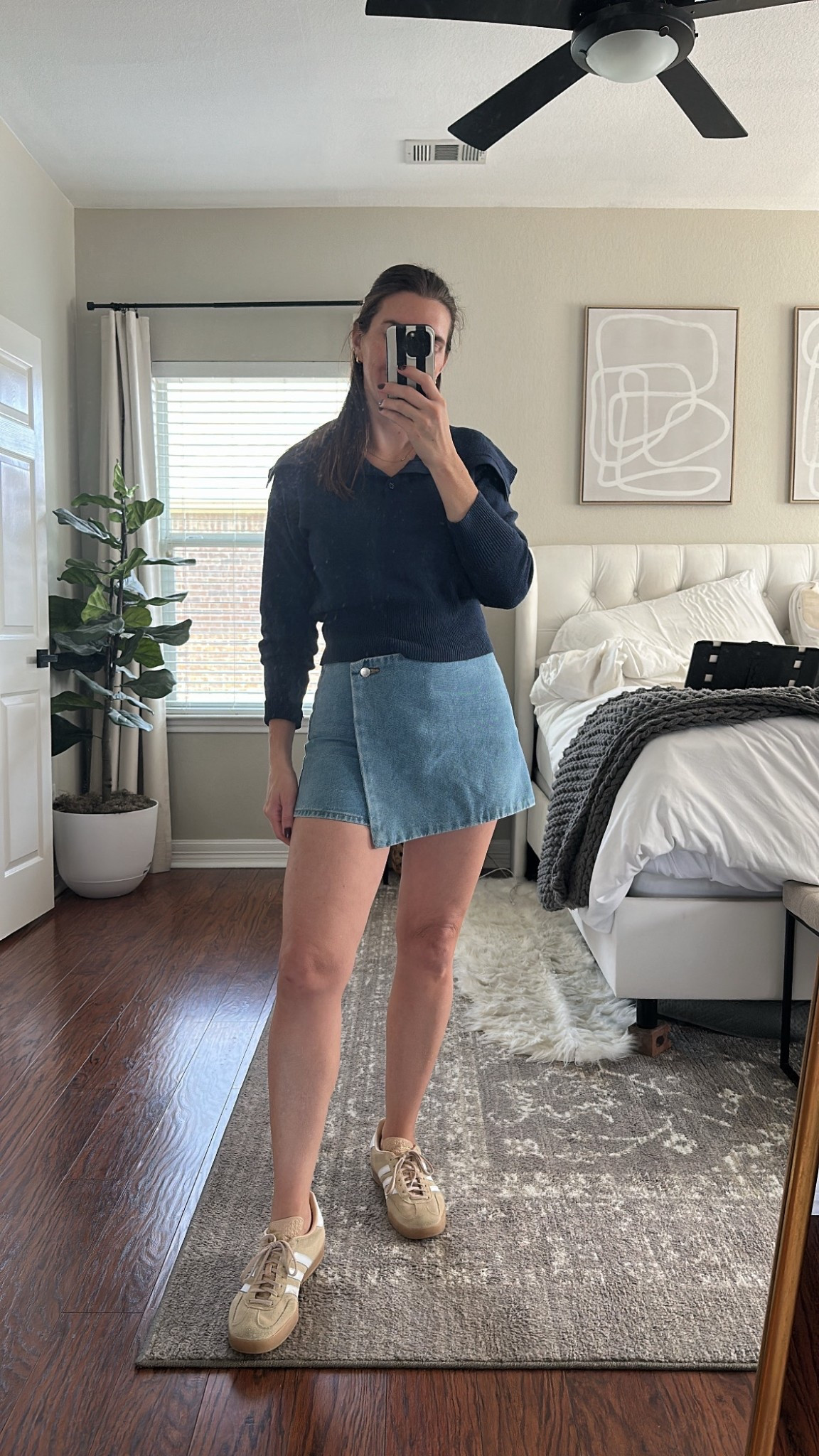 Mango denim skirt, size XS. Runs a bit large. Navy big collar sweater in a small. So comfy and soft, and not scratchy at all. Still loving my Gazelles in this color  

#LTKdayinmylife #LTKSaleAlert #LTKSeasonal