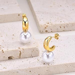 Chunky Gold/Silver Pearl Earrings for Women : Stainless Steel Big Pearl Drop Earrings Dangling fo... | Amazon (US)