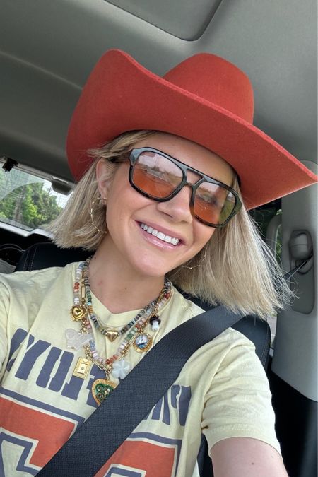 All the outfit details! Necklace stack, cowboy hat, sunglasses, graphic tee

#LTKStyleTip