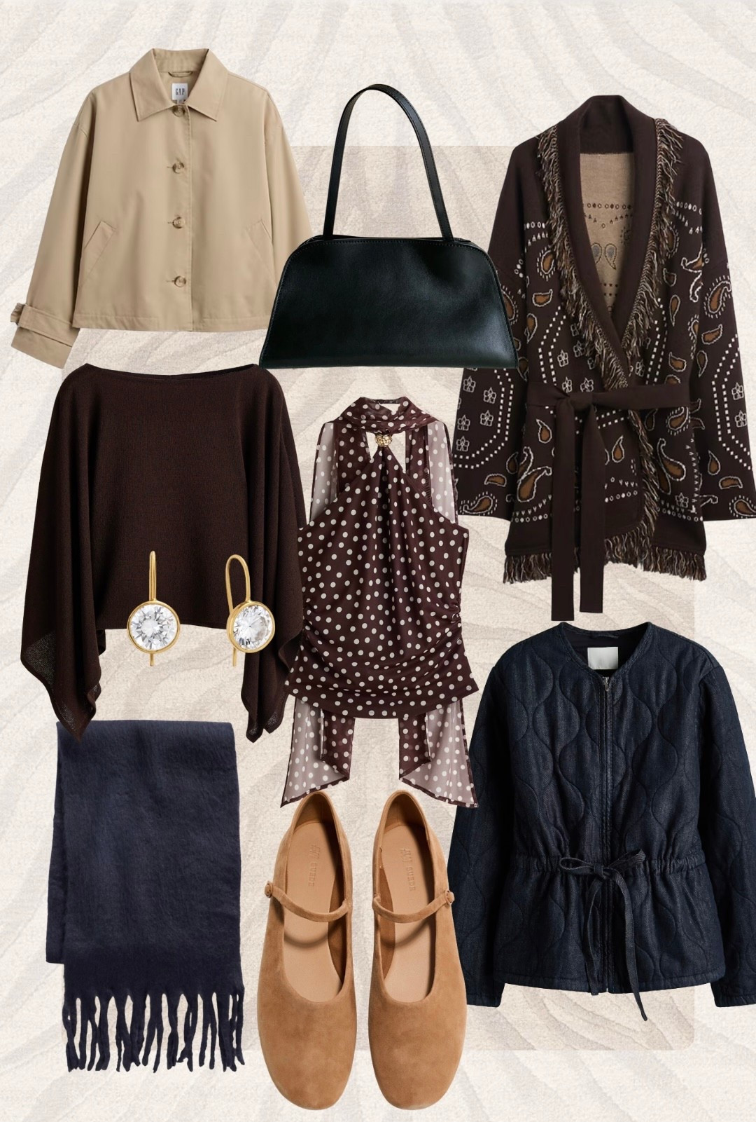 Favorite finds, window shopping, cardigan sweater, cape top, denim jacket, suede flats; cropped trench 