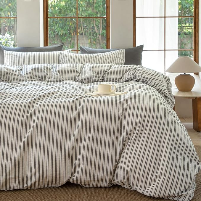 Striped Duvet Cover Set,100% Washed Cotton Line Like Breathable Trendy Bedding Set(Strip-White/Bl... | Amazon (US)