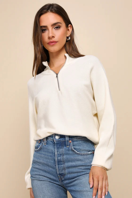Cuddly Aesthetic Ivory Ribbed Quarter-Zip Pullover Sweater | Lulus