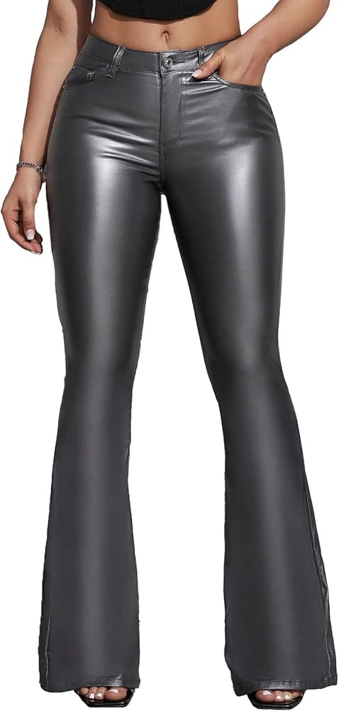 Women's Faux Leather Coated Flare Pants Mid Waist PU Skinny Black Leggings Bell Bottom Pants with... | Amazon (US)