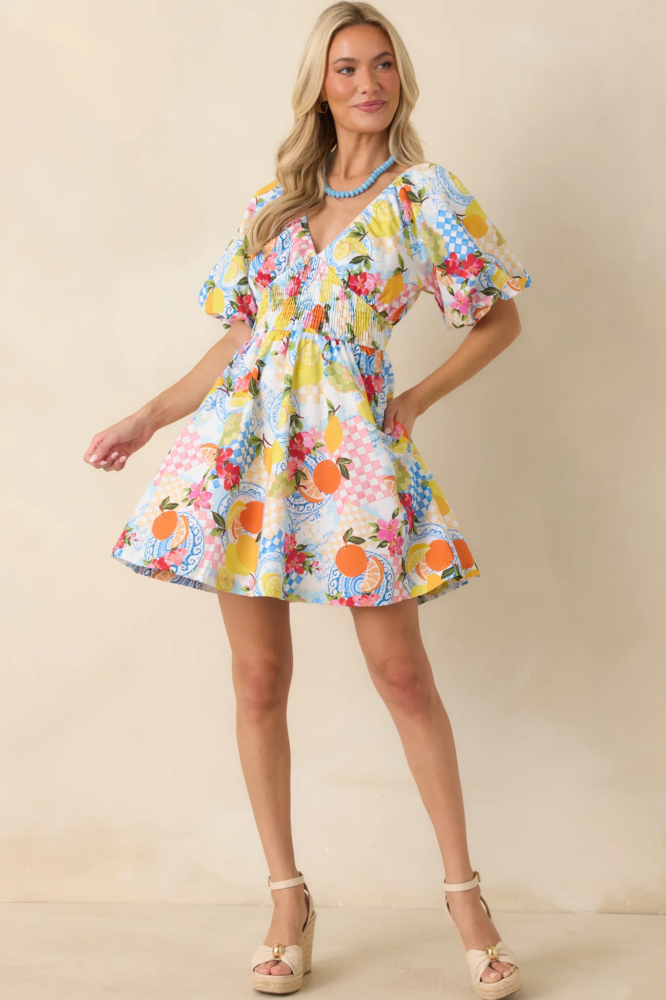 Prosperina Rylee Multi Citrus Print Linen Blend Mini Dress | Red Dress