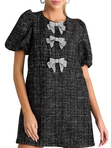 Tweed Dress Woman with Bows Plaid Puff Short Sleeve Black Jackie O Dresses Casual Sparkly Mini Skirt | Amazon (US)
