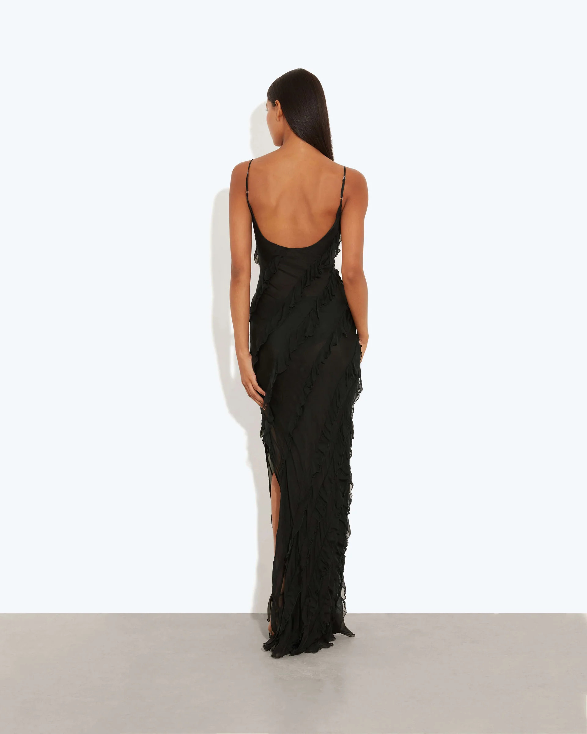 Romantic black silk ruffle maxi chiffon dress - Selena Dress | Rat & Boa
