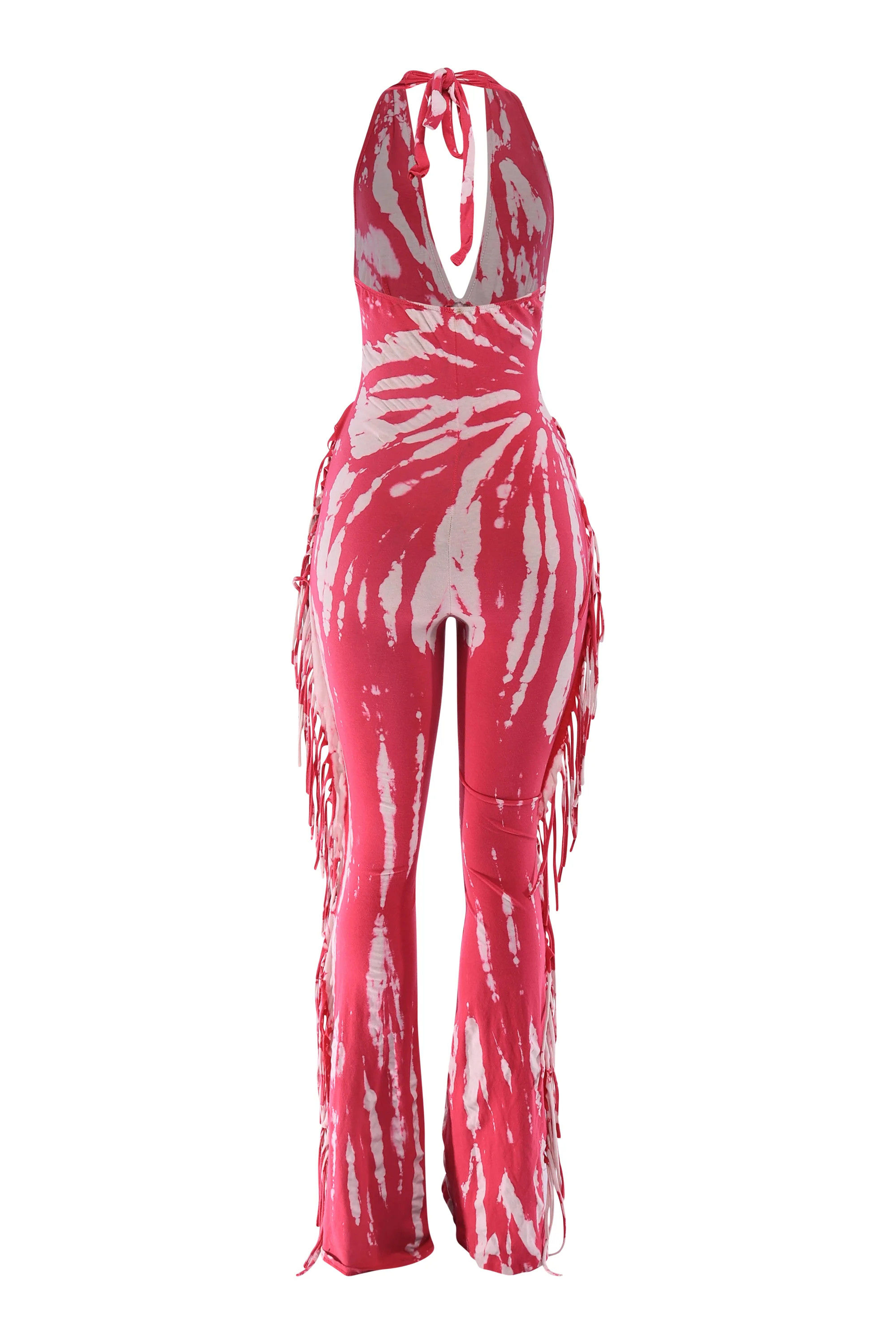 Tie Dye Fringe Halter Jumpsuit with Open Back | Bogomore