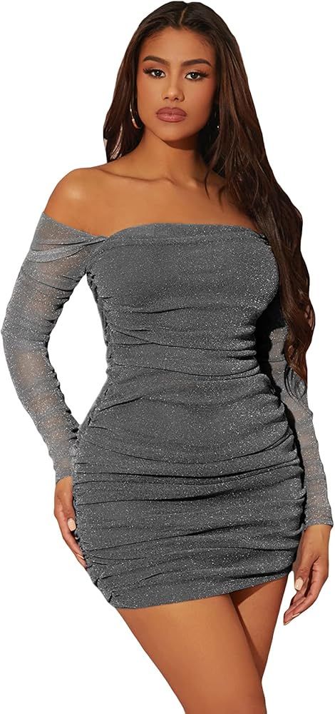 WDIRARA Women's Off The Shoulder Long Sleeve Ruched Glitter Cocktail Party Bodycon Mini Dress | Amazon (US)