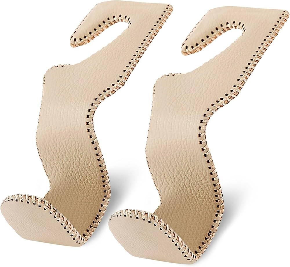Purse Hook for Car, Purse Holder Car Headrest Hooks Leather for Hanging Purses and Bags, 2 Pack Beige | Amazon (US)