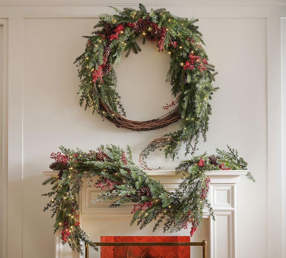 Faux Lit Red Berry Avant-Garde Wreath & Garland | Pottery Barn (US)