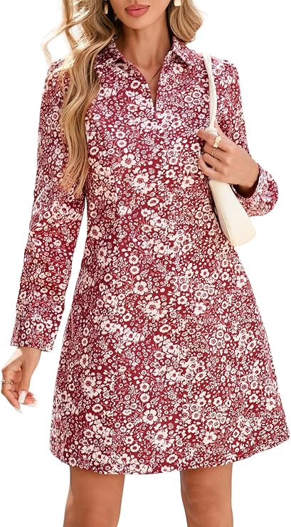 Women Floral Mini Dress 2026 Spring Puff Long Sleeve Zipper A line Dress for Women with Pockets | Amazon (US)