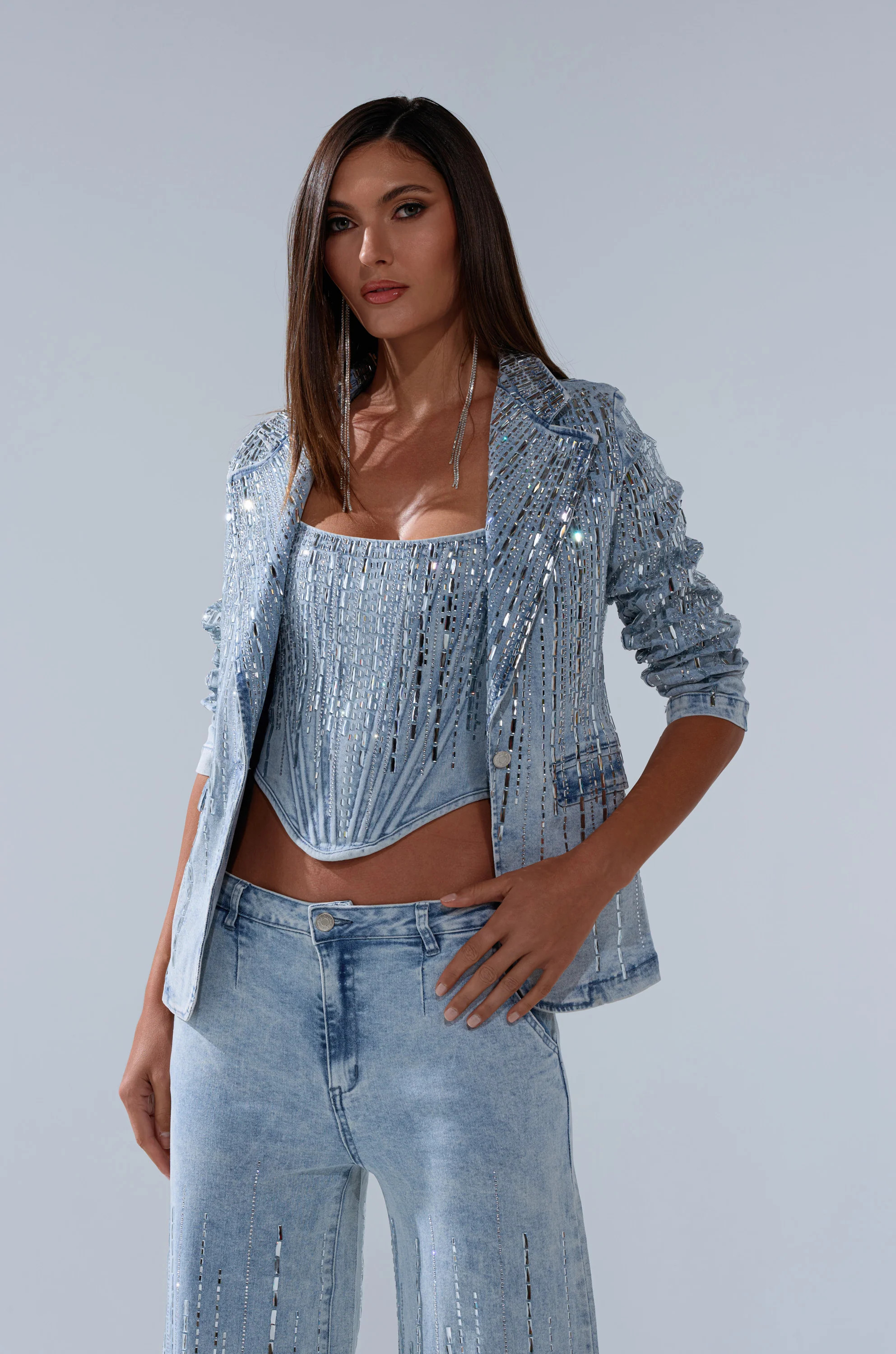 MILA EMBELLISHED BLAZER IN DENIM | AKIRA