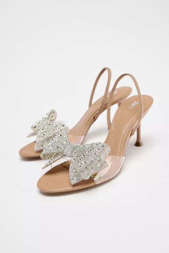 Heeled sandals. Vinyl front strap with sparkly maxi bow. Elastic back strap. High stiletto heel. ... | Zara Canada
