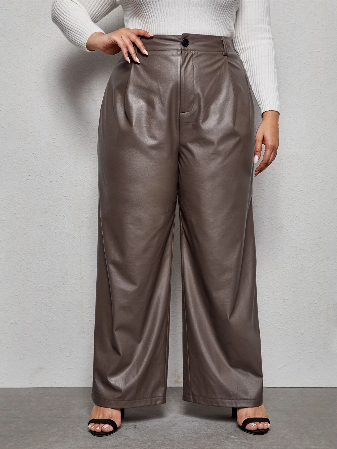 Plus Button Fly PU Leather Wide Leg Pants | SHEIN