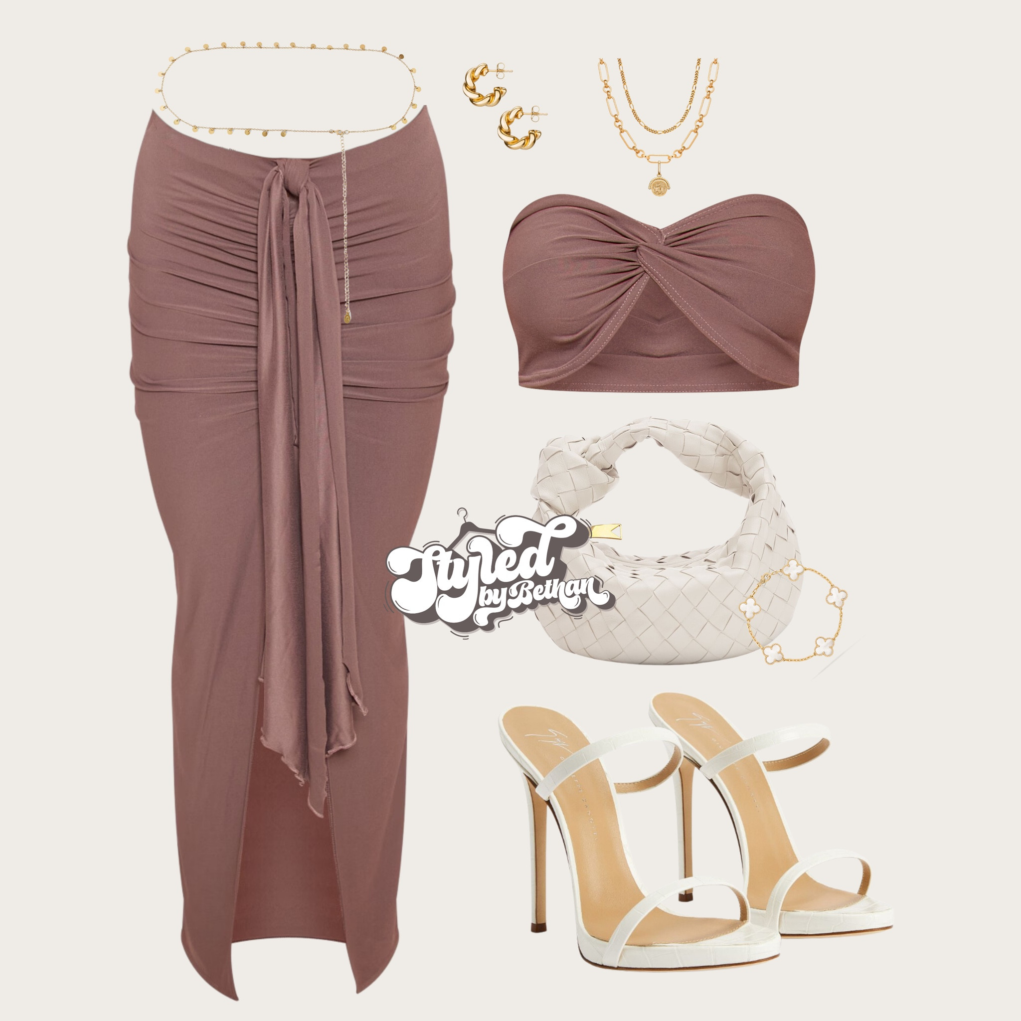 Inspo for the weekend🥂 tags: pretty little thing mocha bandeau top and matching midi skirt, Giuseppe zanotti cream heels, annoy Lyon gold hoop earrings and gold layered necklace, botegga cream knott bag, van cleef gold motif bracelet. Day drinks, bottomless brunch, date night, bars, clubbing, date night outfit inspiration inspo. 

#LTKeurope #LTKstyletip #LTKpartywear
