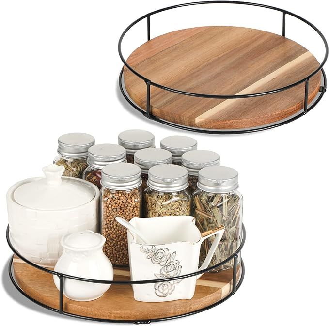 [ 2 Pack ] 9" & 10" Acacia Wood Lazy Susan Organizers with Steel Sides, Lazy Susan Turntable for Cab | Amazon (US)