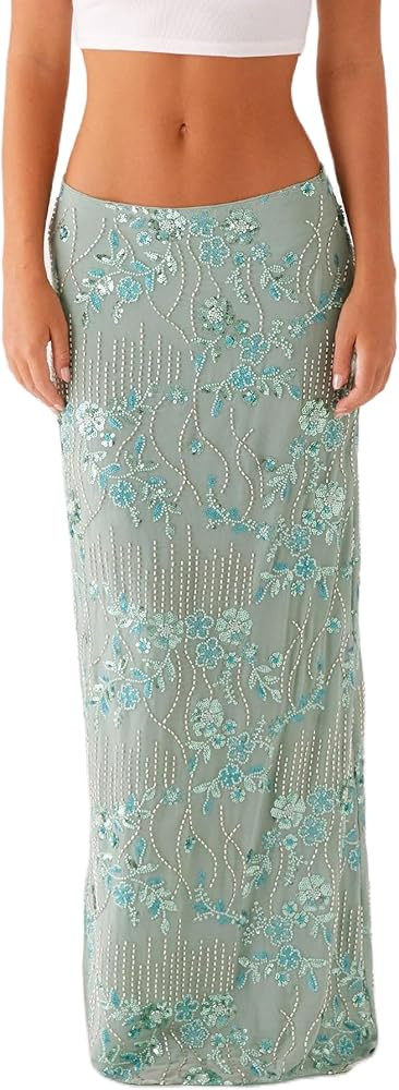 Women Y2k Sequin Long Skirt Sparkly Beaded Floral Maxi Skirt Rhinestone Glitter Midi Skirts Stree... | Amazon (US)