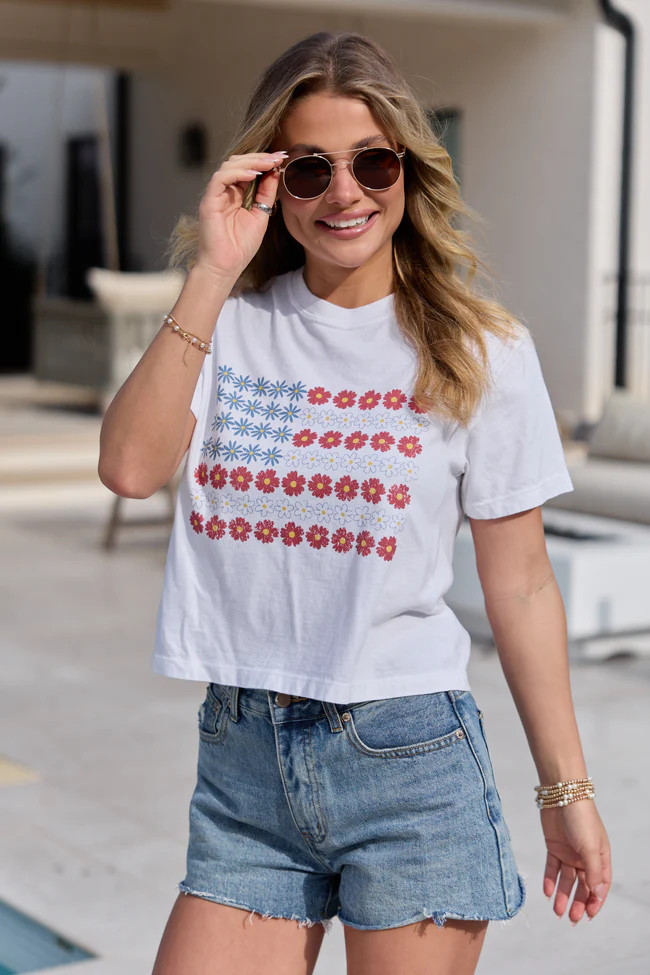 Multi Floral Flag White Boxy Graphic Tee | Pink Lily