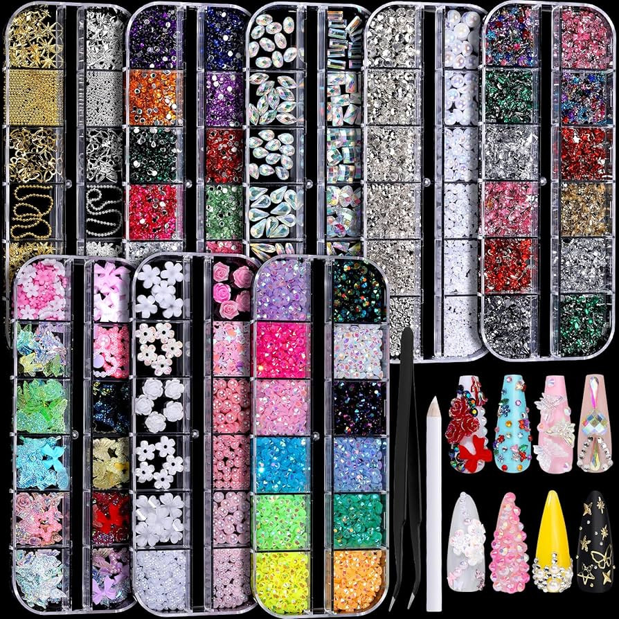 FANDAMEI Nail Charms, Nail Rhinestones Kit with 8 Boxes of Nail Gems, 3D Charms for Nails, Colorf... | Amazon (US)
