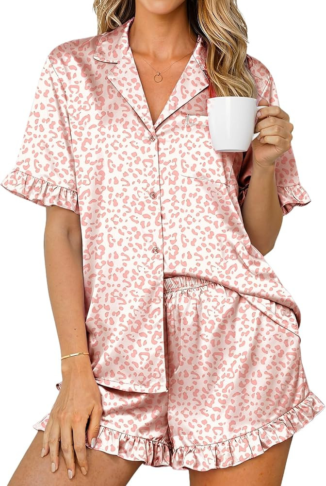 Ekouaer Womens Satin Pajamas Set 2 Piece Button Down Silk Pjs Ruffle Short Sleeve Shorts Set Notc... | Amazon (US)