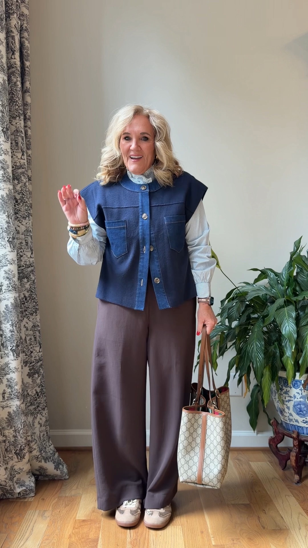 Sweater vest size medium it can be worn without a layer underneath in the summer
Blouse size 10
Pants size medium regular and I have them hemmed
Sneakers are on the Nordstrom anniversary sale. This is the tan suede with gold.

#LTKSaleAlert #LTKOver40 #LTKTravel