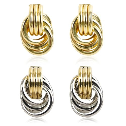 2 Pairs Mixed Metal Earrings for Women, Two Tone Earrings Chunky Gold and Silver Earrings Gold Knot Earrings for Women, Geometric Door Knocker Statement Silver Knot Earring Drop Dangle Earrings Set | Amazon (US)