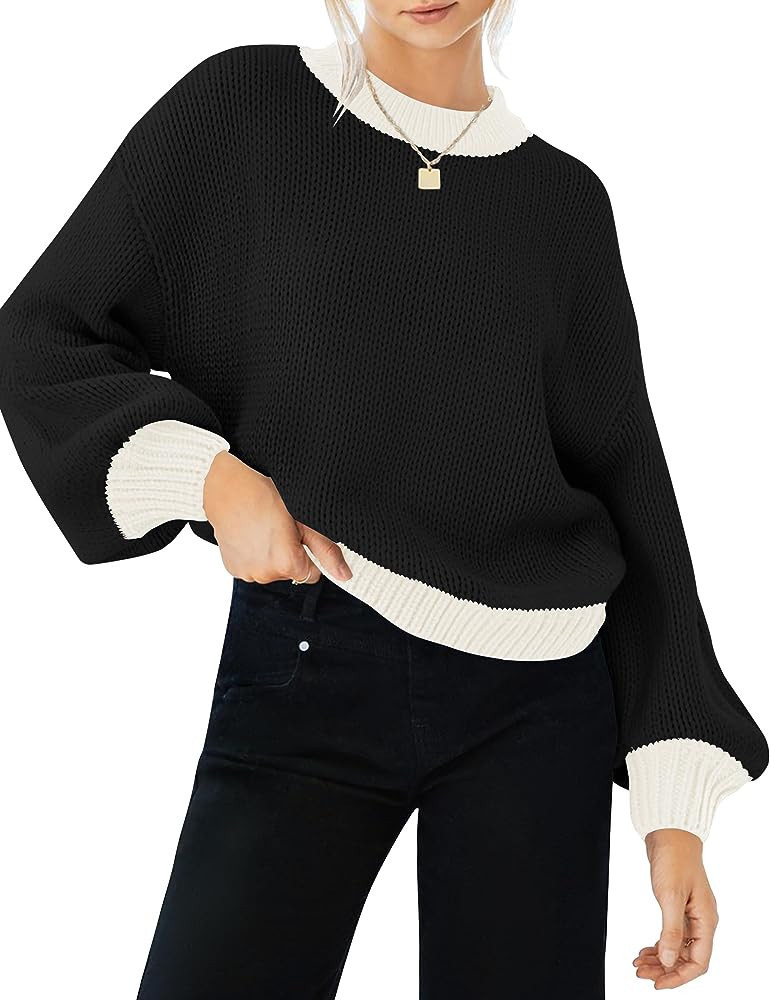 ZESICA Women's Casual Long Sleeve Crew Neck Pullover 2024 Fall Ribbed Knit Loose Contrast Color S... | Amazon (US)