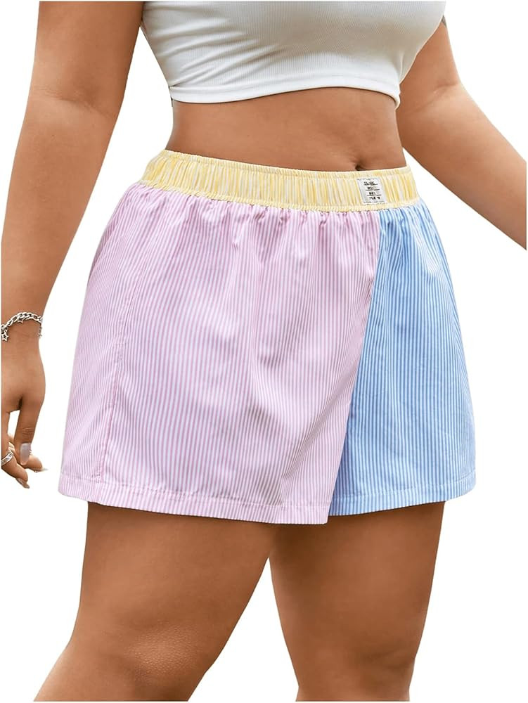 WDIRARA Women's Plus Size Color Block Striped Shorts High Elastic Waist Track Shorts | Amazon (US)