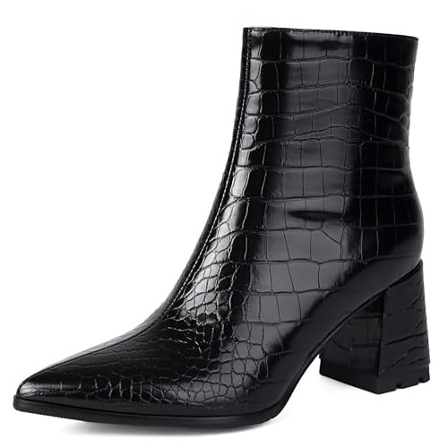XIANGZU Black Ankle Boots for Women Pointed Toe Block Chunky Heel Ankle Booties (9.5, Black) | Amazon (US)