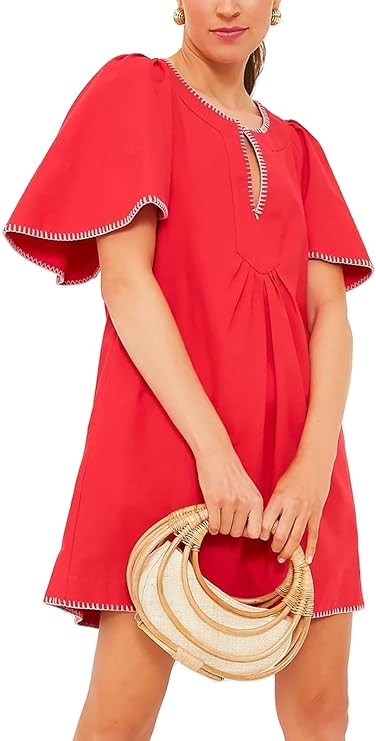 HOULENGS Women's Summer Ruffle Short Sleeve A Line Mini Dress Casual Contrast Trim V Neck Short D... | Amazon (US)
